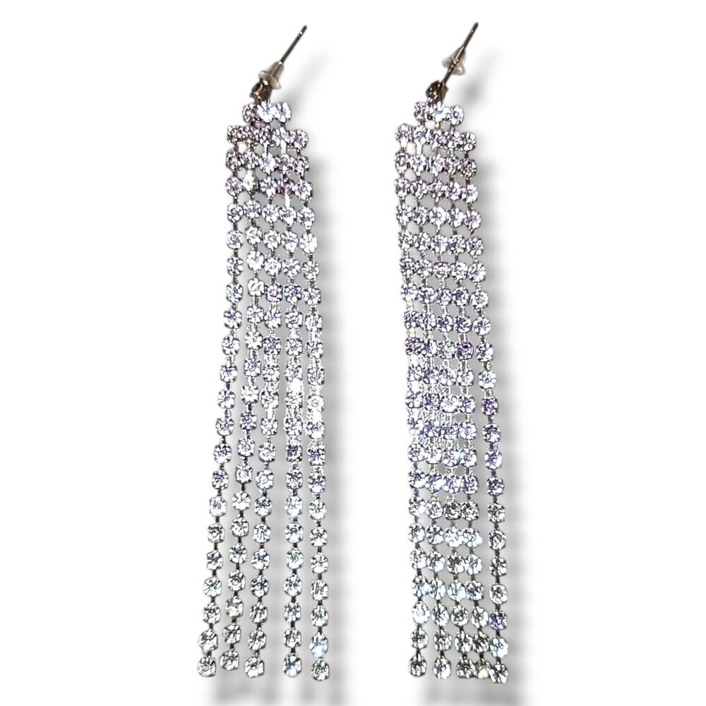 Long Purple & Silver‎ Tone Rhinestone Waterfall Chandelier Dangle Earrings 4" - Picture 5 of 7
